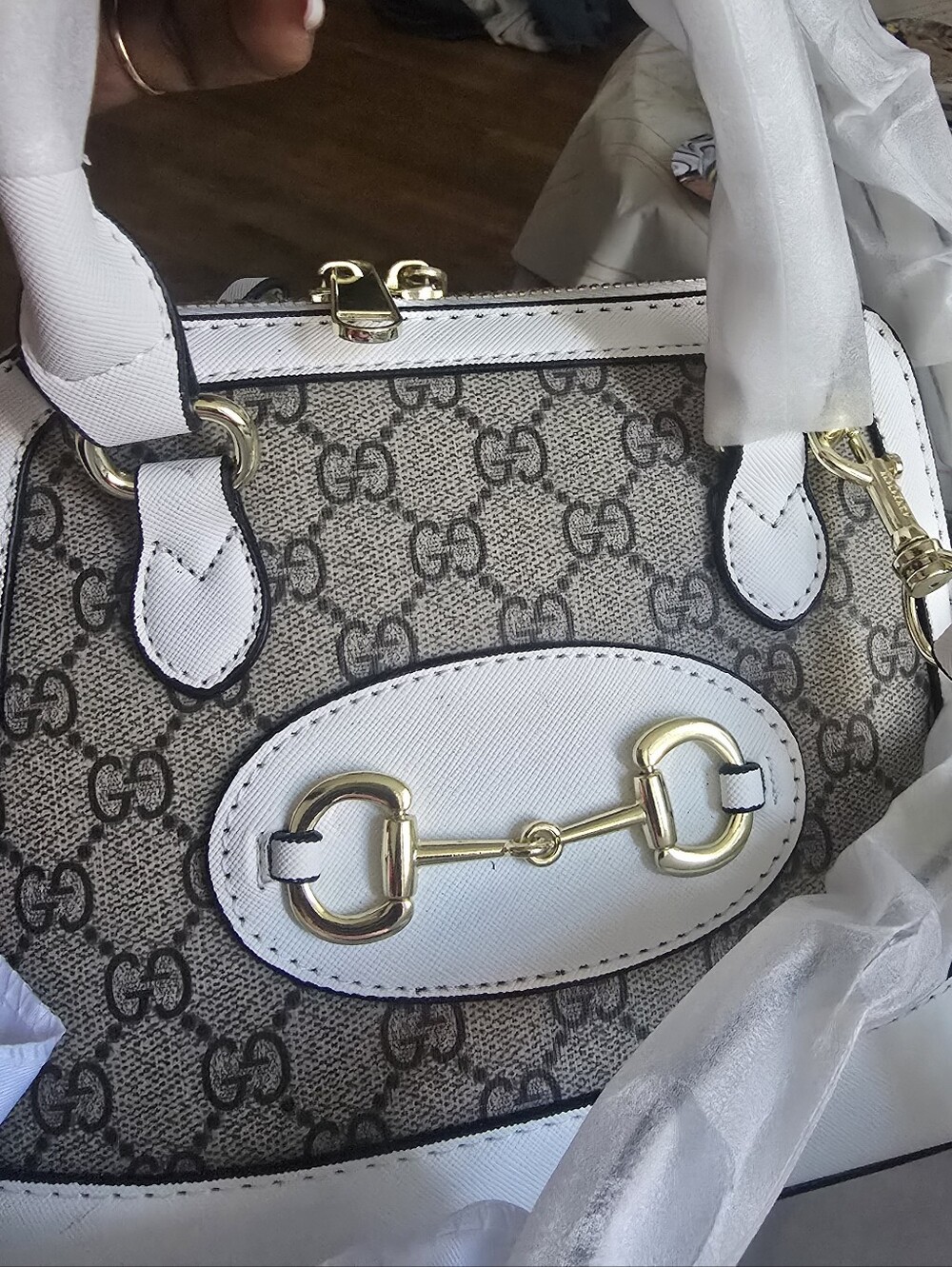 Super Canvas Summer Whitr Beige GG Canvas Satchel w/White Trim Crossbody Strap - Picture 6 of 17